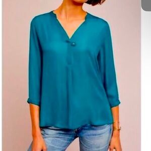Anthropologie Teal Tunic Blouse with Mandarin Collar and Long Sleeves